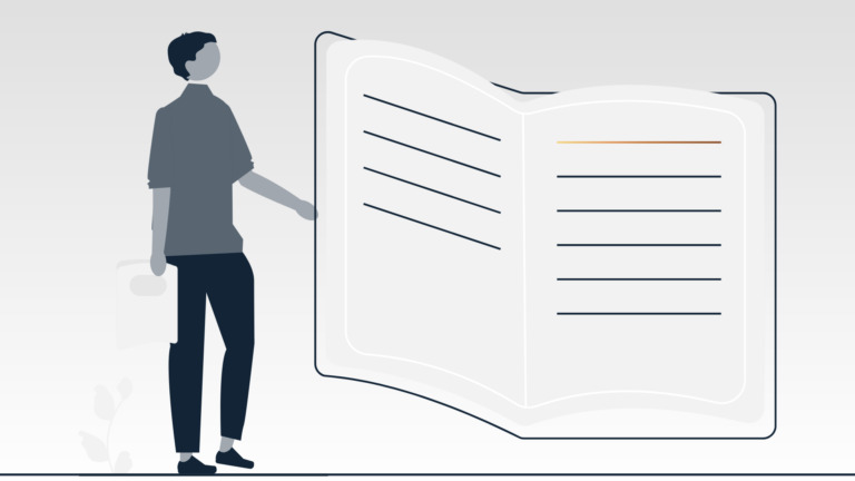 Professionista consulta un grande libro digitale di strategie e contenuti marketing