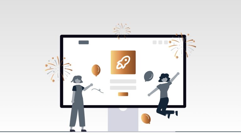 Illustrazione di due persone che festeggiano il lancio di un progetto digitale con razzo, palloncini e fuochi d’artificio