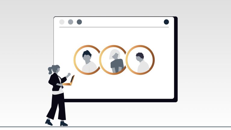 Donna con laptop che analizza un gruppo di persone in una finestra web, simbolo di selezione e analisi del target