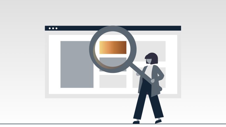 Analisi SEO di una pagina web con lente d’ingrandimento su elementi chiave del sito.