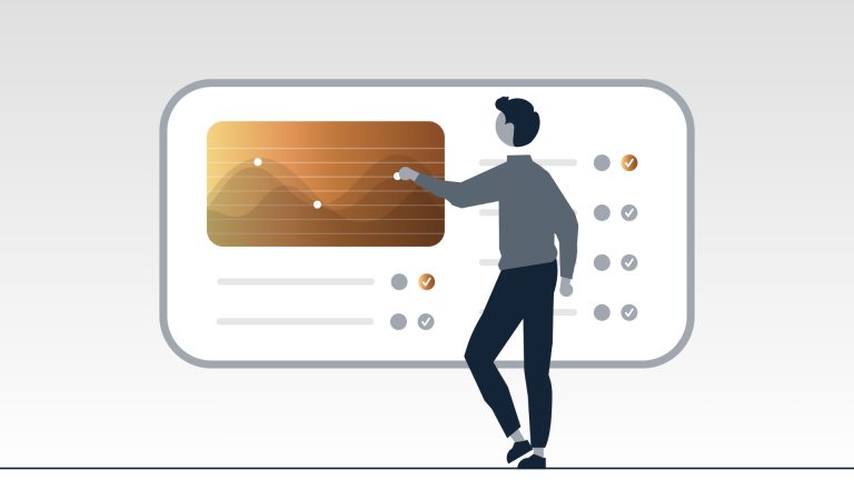 Illustrazione di una persona che analizza dati su un grande schermo con grafici e indicatori di performance.