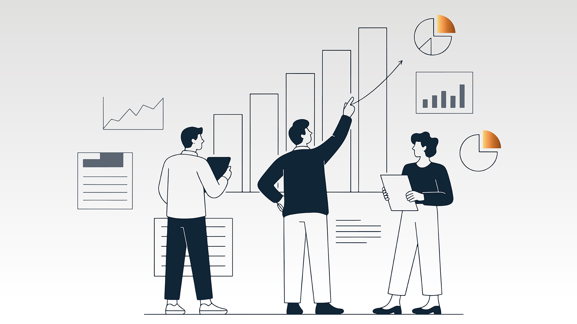 Three people analyzing bar charts and pie charts on a wall