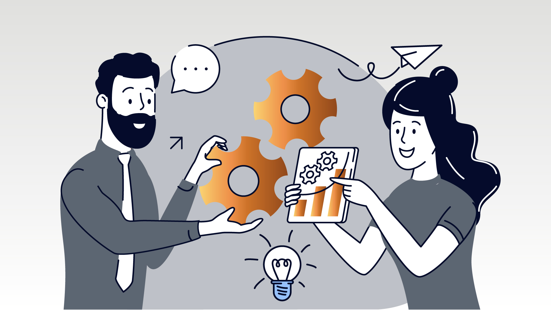 Brand activation: how it can transform your brand in 2026 Man and woman fitting gears together, with a tablet showing a growth chart and a light bulb