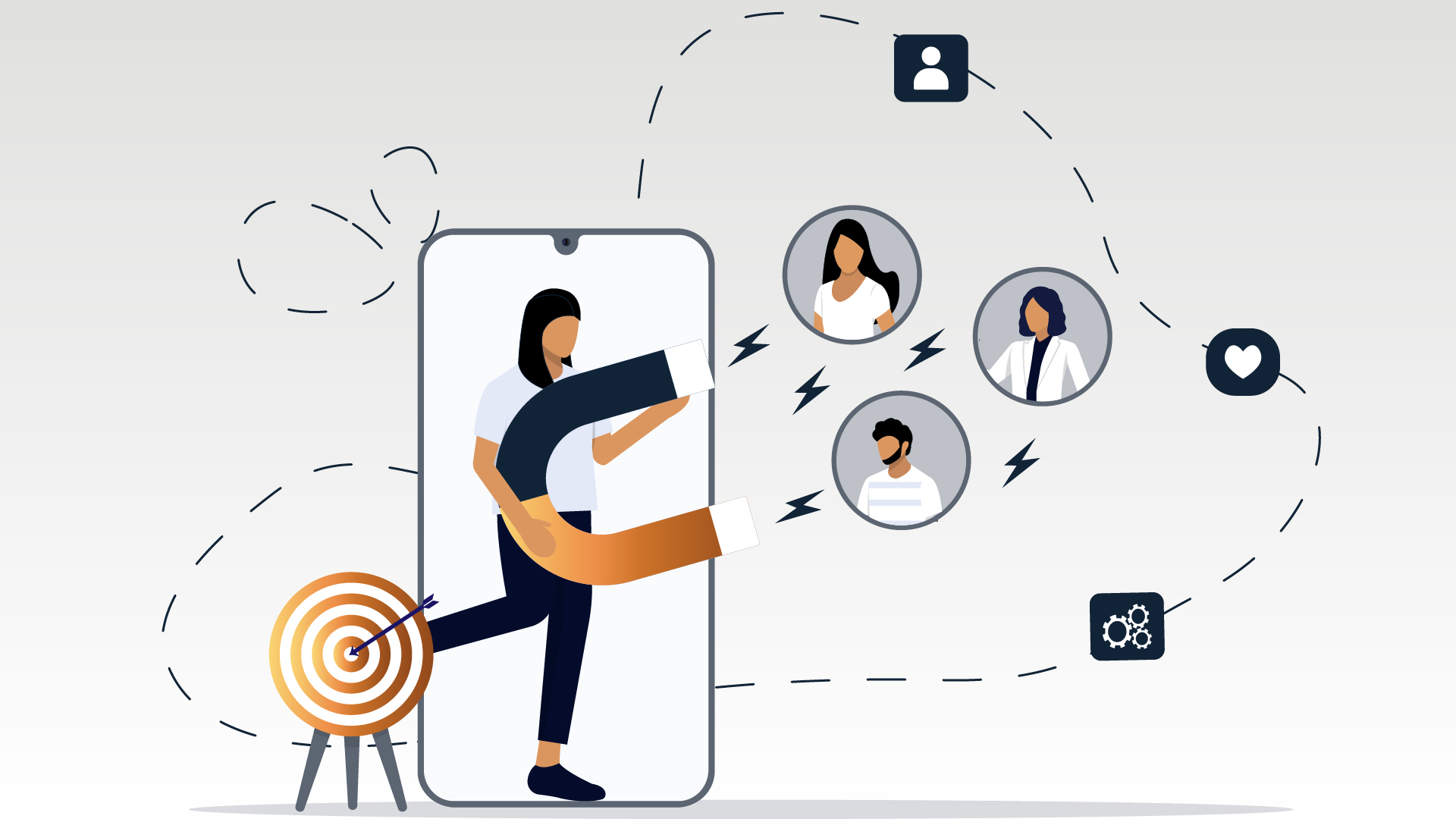 Retention marketing: keeping the customers you already have Woman on a smartphone screen using a magnet to attract customer profiles, next to a dartboard with an arrow in the bullseye
