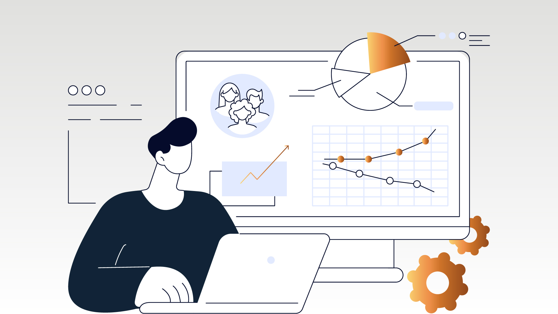 Single source of truth: the CRM as your business’s one source of truth Man at a laptop in front of a screen with charts, a pie chart and a team, with gears on the side