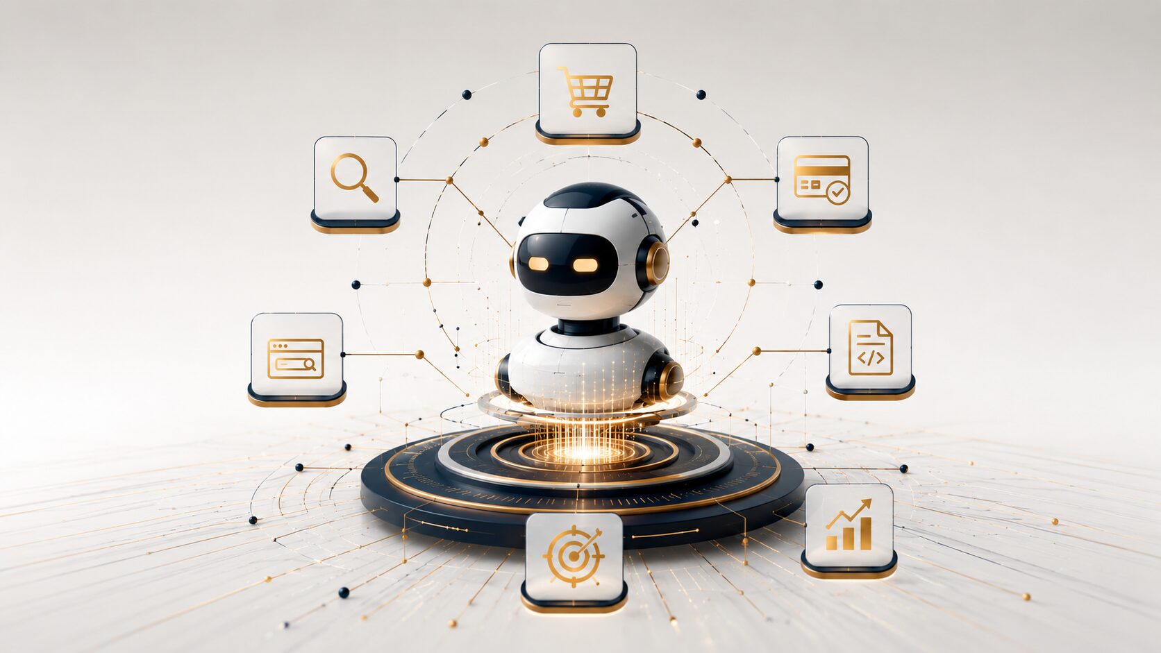 Marketing for AI agents: the customer who is no longer human AI robot on a platform connected to icons of shopping cart, search, payment, documents and analytics