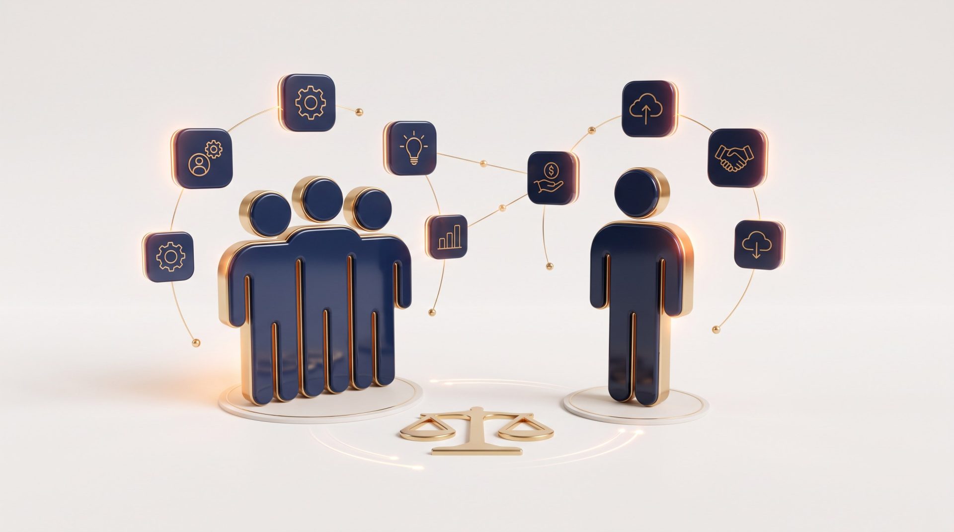 Team di un'agenzia di marketing a confronto con un freelance, con una bilancia al centro