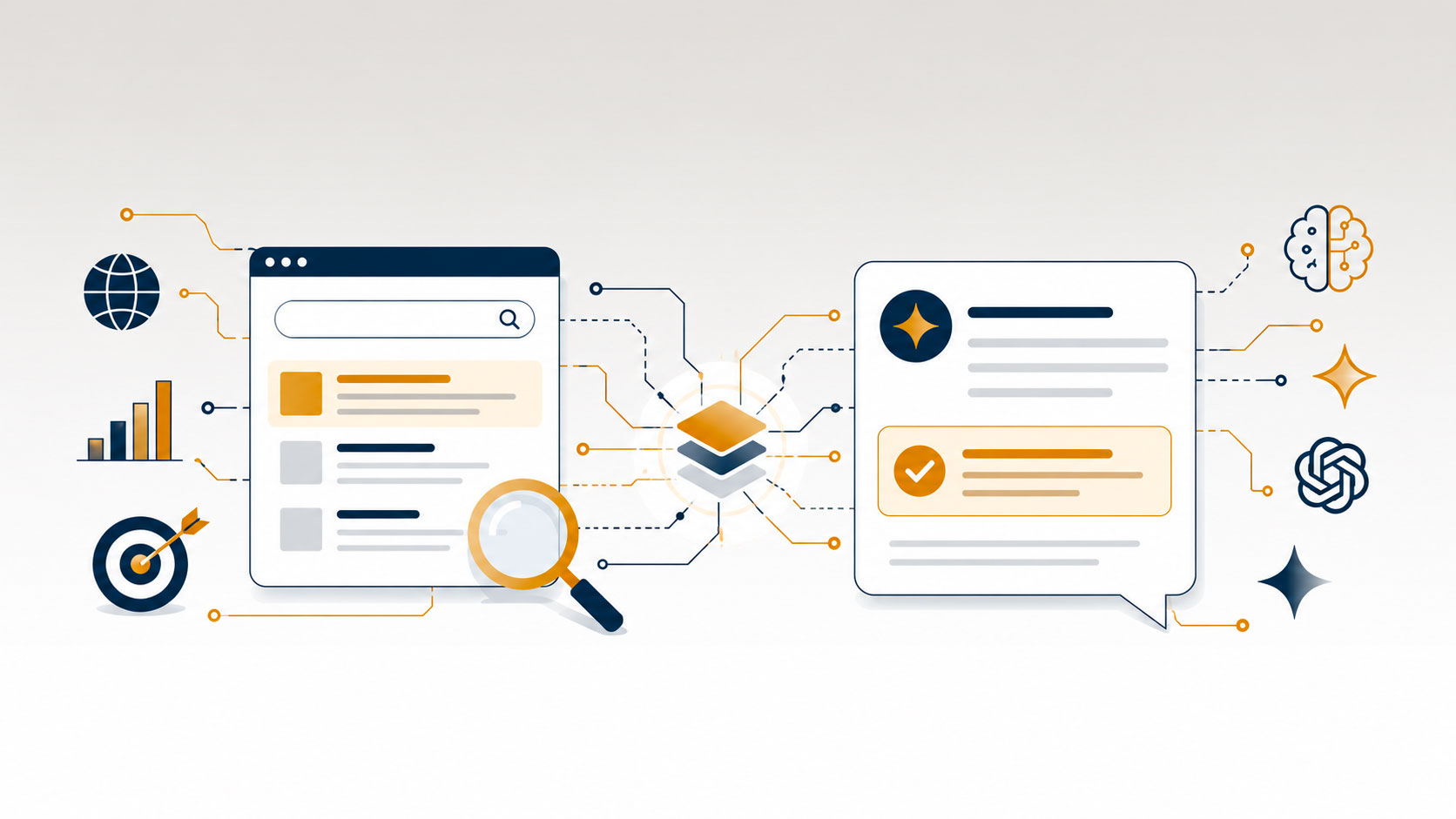 GEO and SEO: from search results to AI answers Search results connected by dashed lines to an AI-generated answer, with chart, target and brain icons