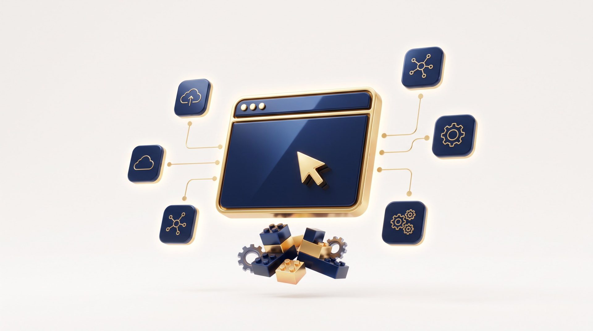 Sito web aziendale in costruzione con blocchi e ingranaggi, concept del costo di un sito nel 2026