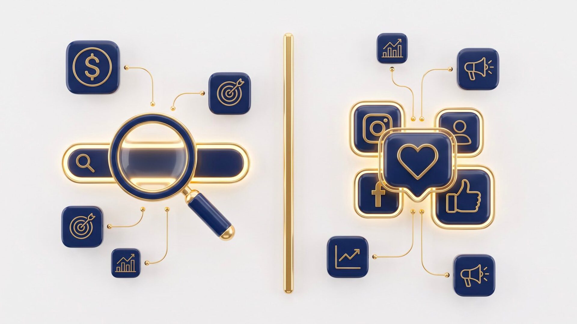 Google Ads or Meta Ads: comparing the two channels Search bar with a magnifying glass on one side and social like and heart icons on the other, split by a golden line