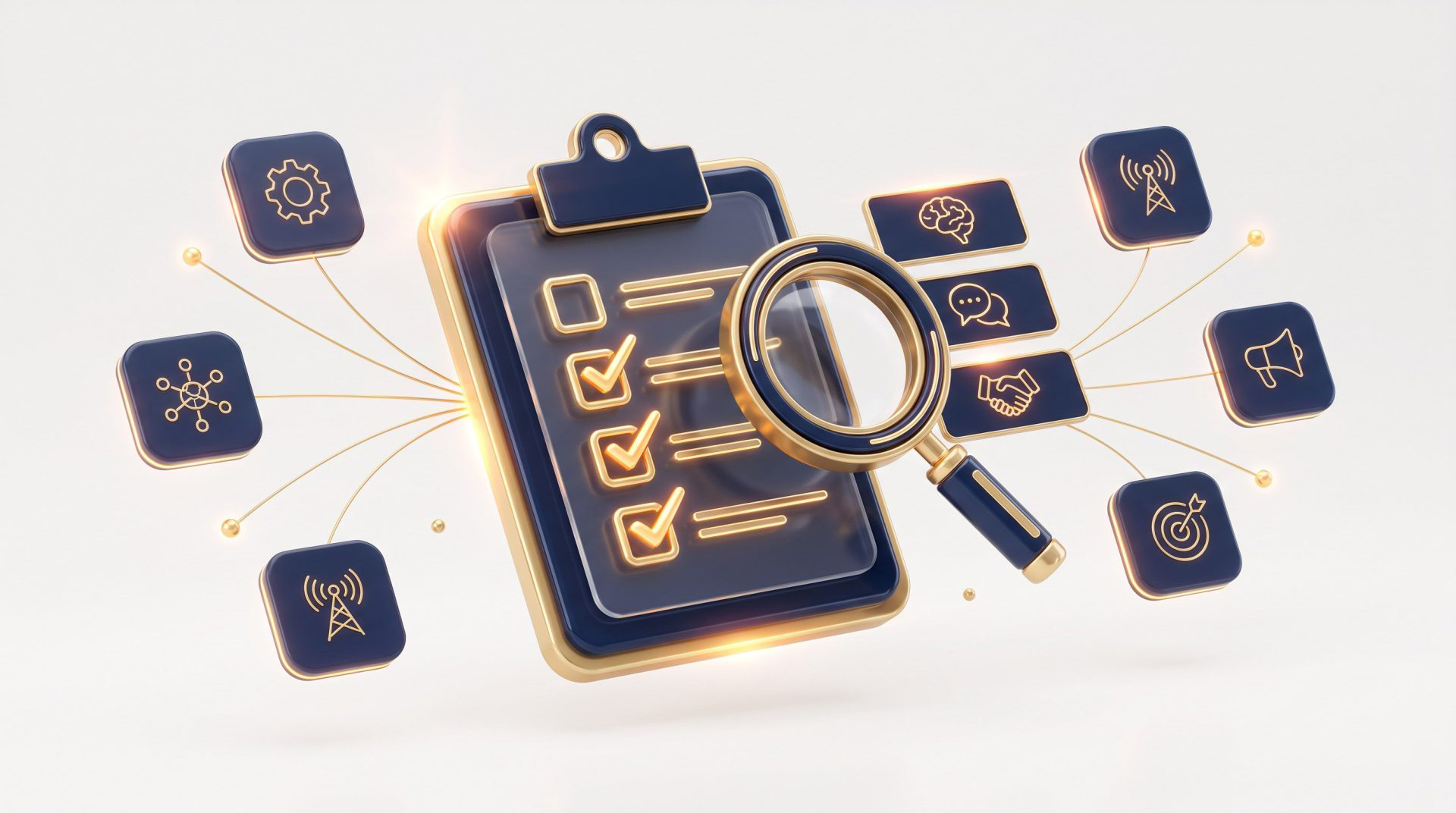 Checklist with golden checkmarks and a magnifying glass among service icons