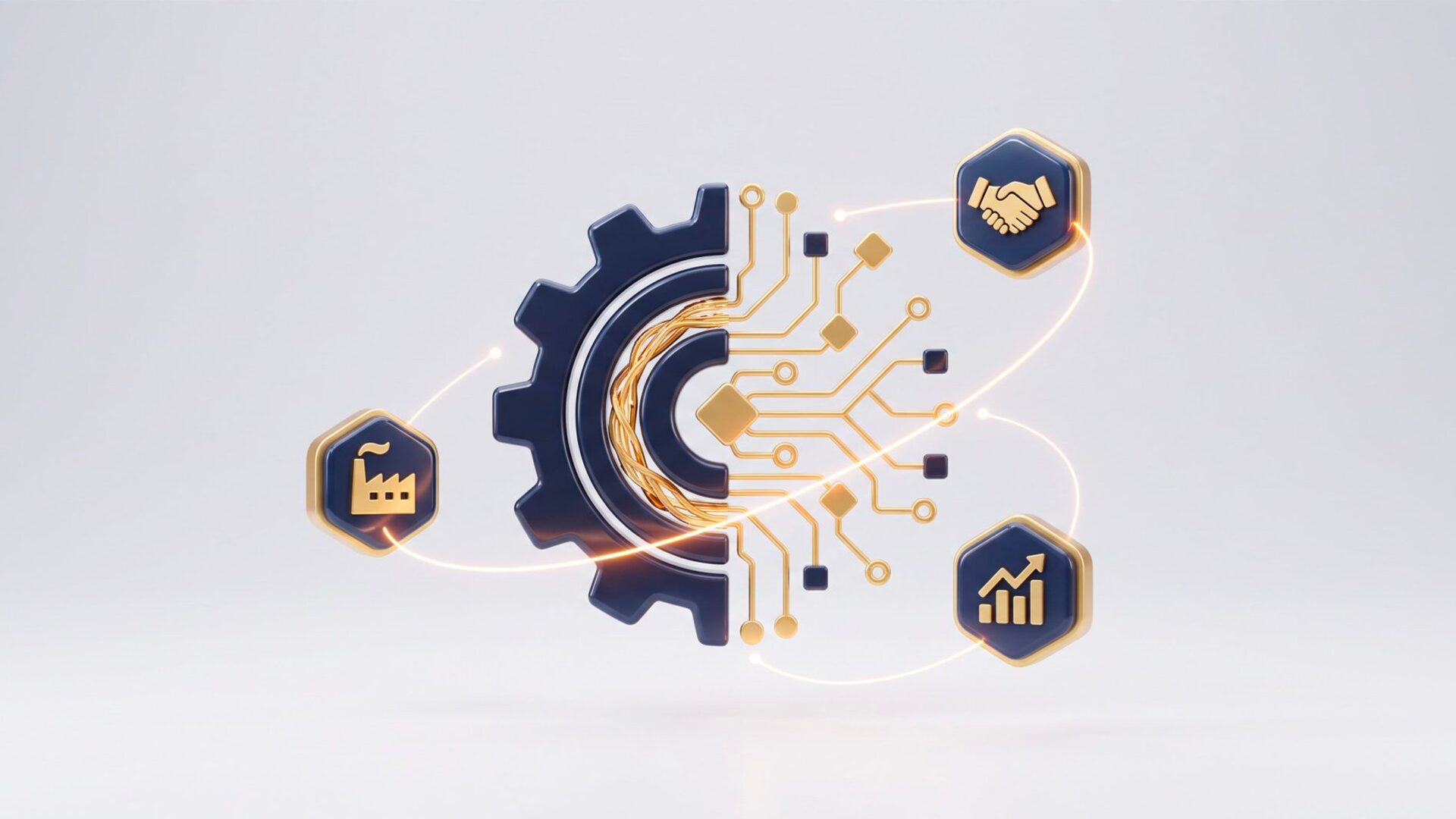 Industrial B2B marketing: strategy and processes Gear with gold circuits connected to factory, handshake and chart icons