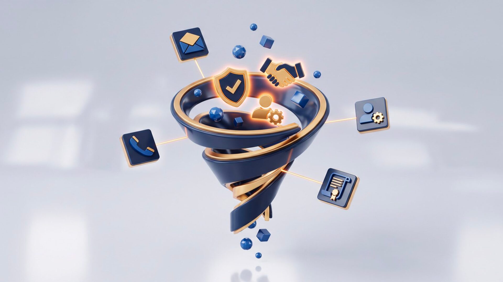 Lead generation: how the lead funnel works Spiral funnel collecting icons of documents, contacts and gears